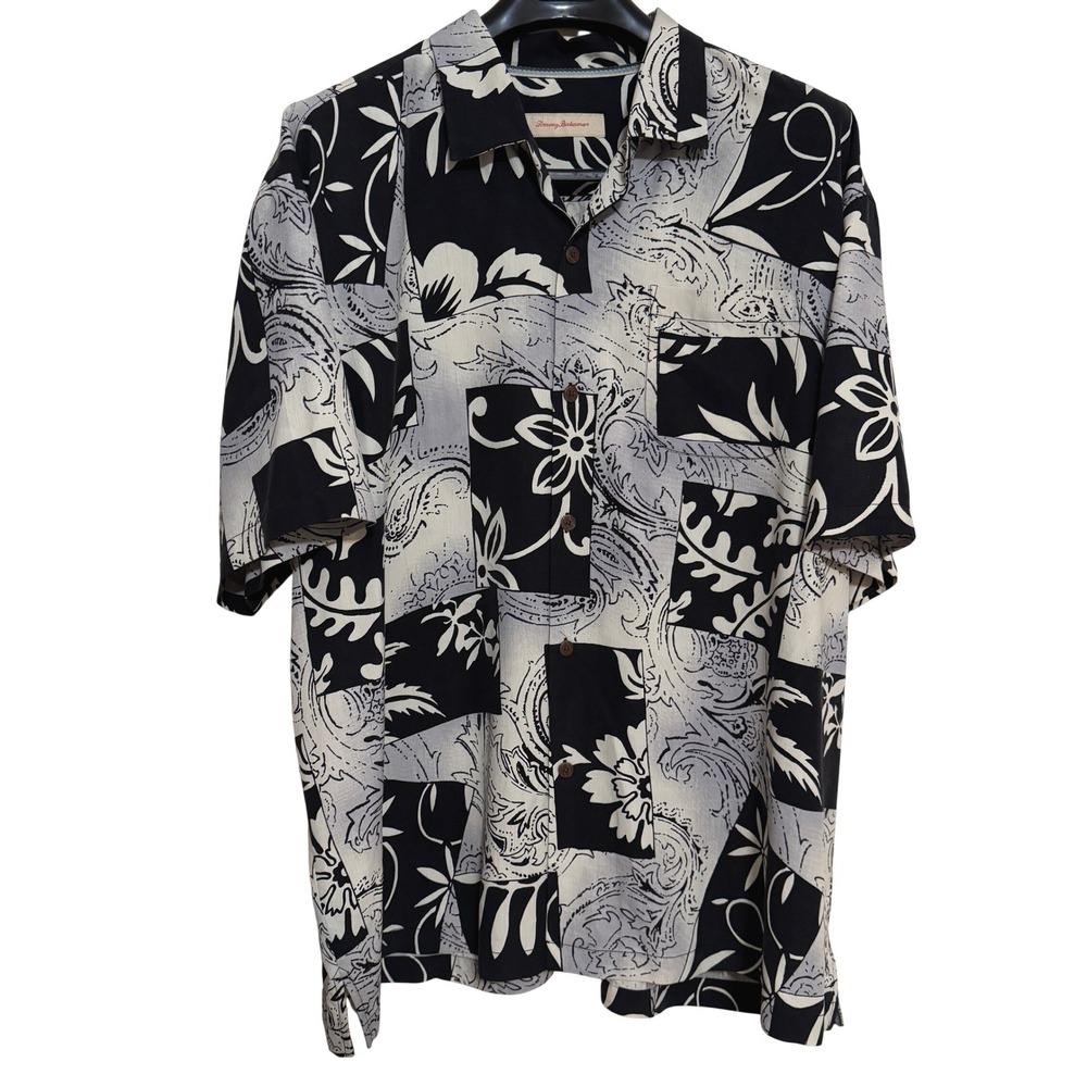 Tommy Bahama‎ Shirt Mens 2XL Floral Button Down Black White Silk Floral Vacation